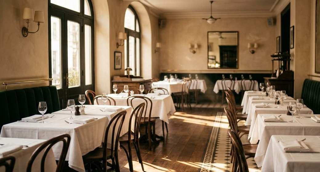 An empty brasserie dining room laid up in the morning light