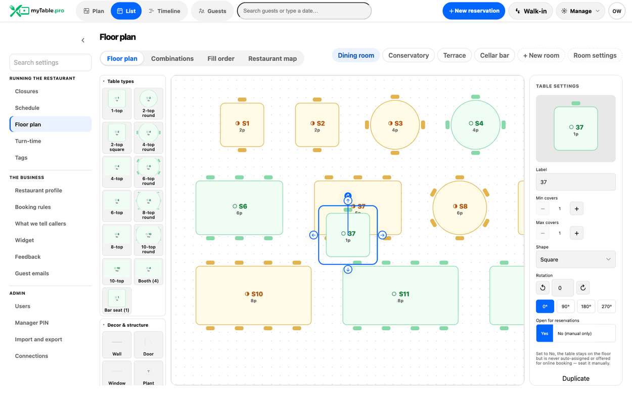 The floor plan editor with a table selected and its settings open
