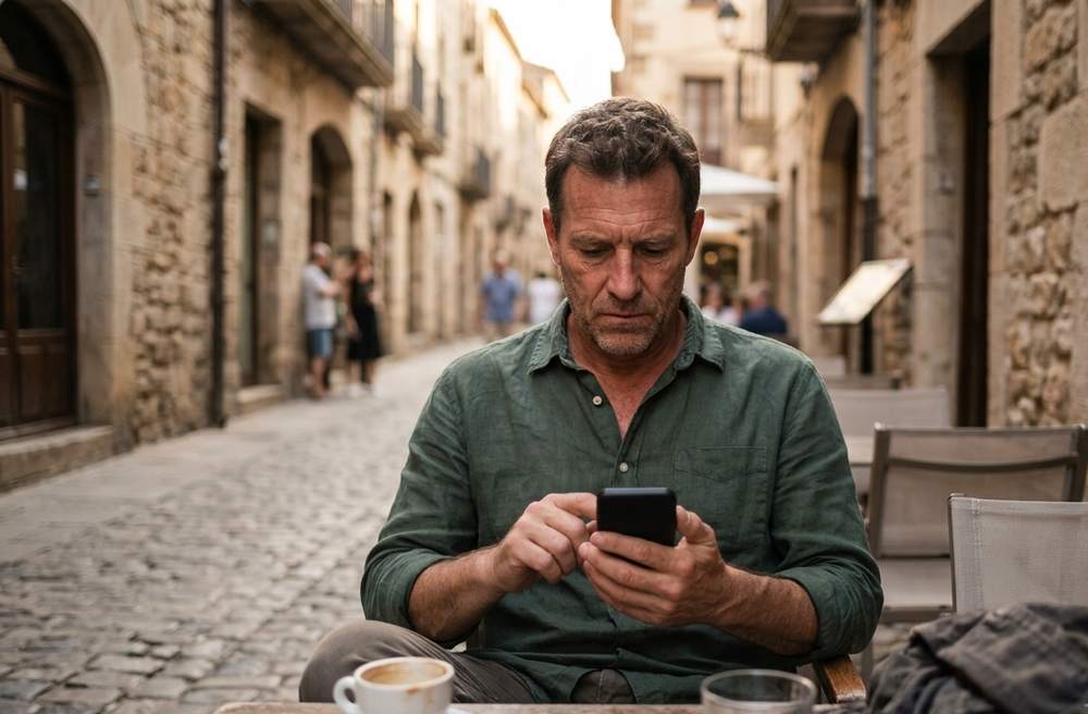 A guest reconfirming a booking from a phone at a café table