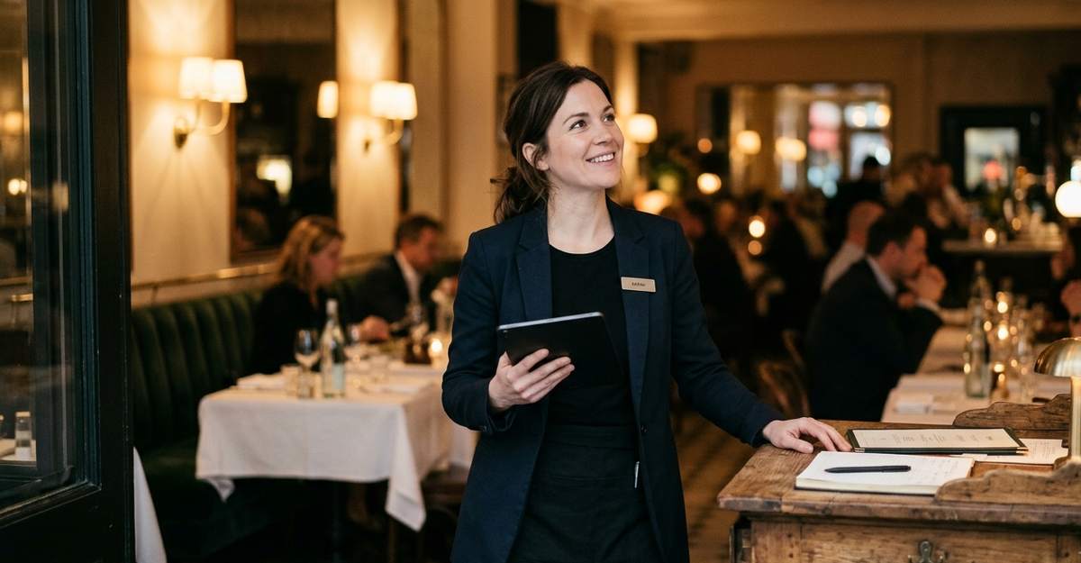 A host at the door of a brasserie, tablet in hand, mid-service