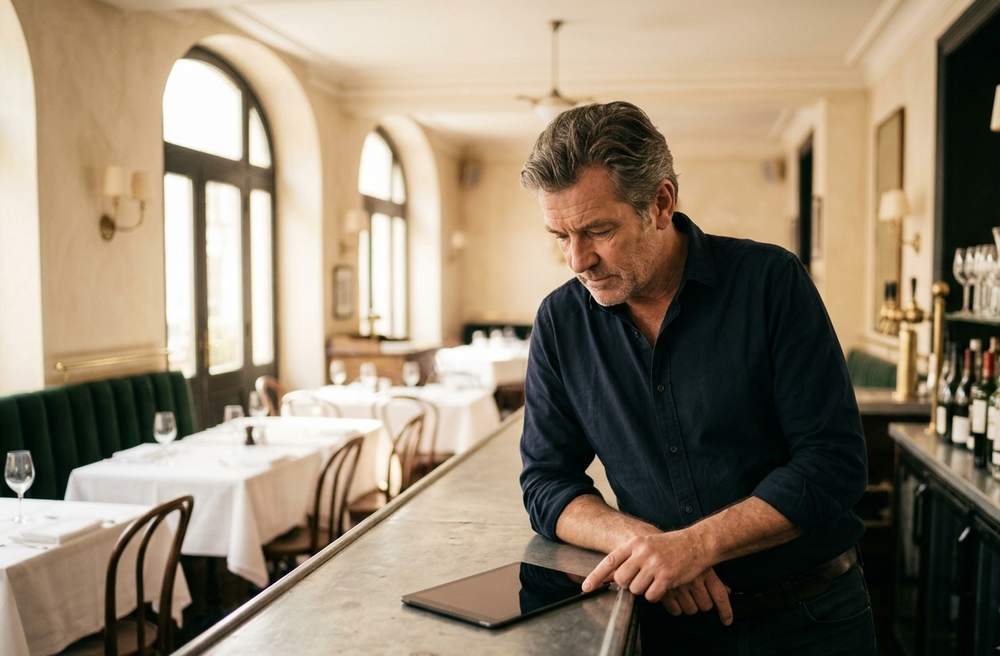 A restaurant owner setting up the day on a tablet at the bar