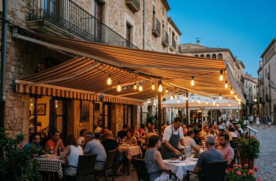A restaurant terrace filling up on a warm evening